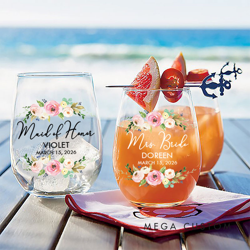 Personalized Maid of Honor Floral Wine Glasses Bride Wedding Wine Glasses Tumbler Bachelorette Party Gift
