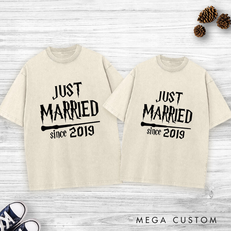 Personalized Magical Just Married with Year Newlyweds Matching Wedding Couple Washed T-Shirt