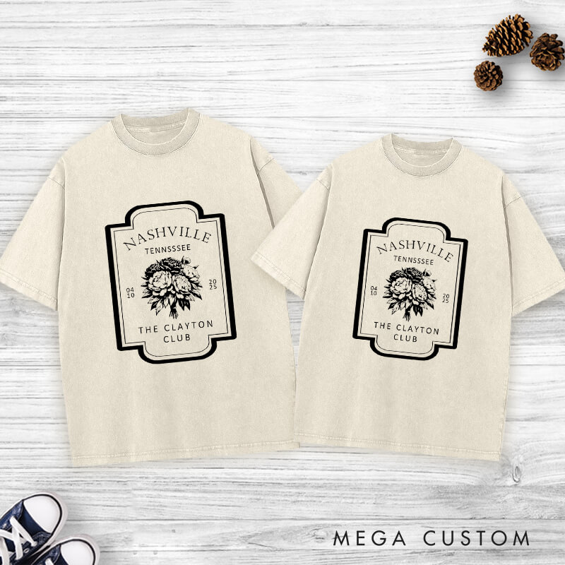 Personalized Floral Themed Wedding Logo Nwelweds Matching Wedding Couple Washed T-Shirt