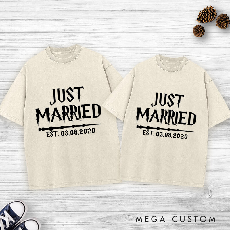 Personalized Just Married with Date Matching Wedding Couple Washed T-Shirt