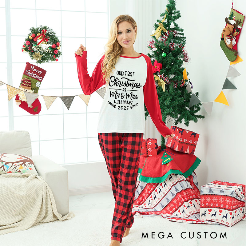 Personalized Couple Our First Christmas as Mr. & Mrs. Xmas Matching Pajamas Christmas Matching Pjs for Husband Wife Boyfriend Girlfriend