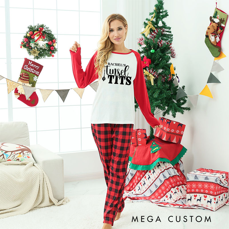 Personalized Minimalist Couple Jingle Balls and Tinsel Tits Xmas Pajamas with Name Christmas Matching Pjs for Husband Wife Boyfriend Girlfriend
