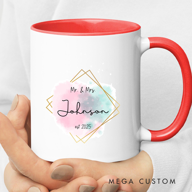 Personalized Mr. & Mrs. Watercolor Wedding  Mug Ceramic Coffee Mug for Newlywed Husband Wife Coffee Cup Couple Anniversary Cup