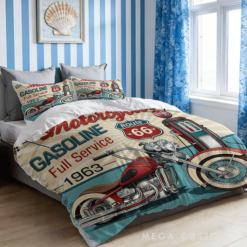  Personalized Retro Route Motorcycle Duvet Cover Bedding Set Custom Name Gift for Bikers and Motorcycle Fans
