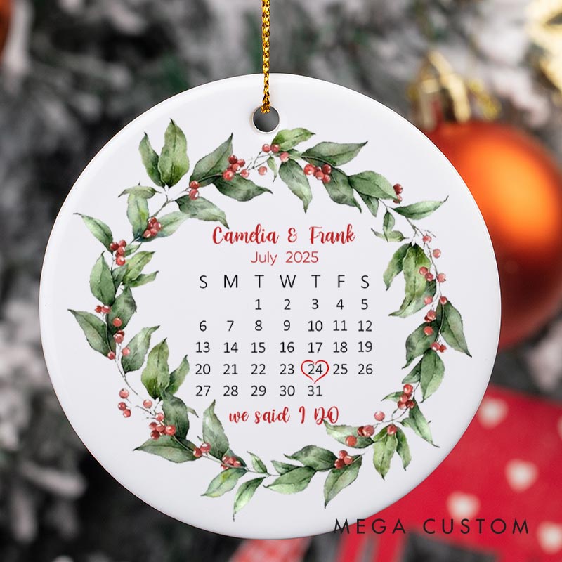 Personalized Wedding Date Calendar Ornament with Floral Wreath Christmas Ornament for Couple Husband Wife Xmas Decor Ornament
