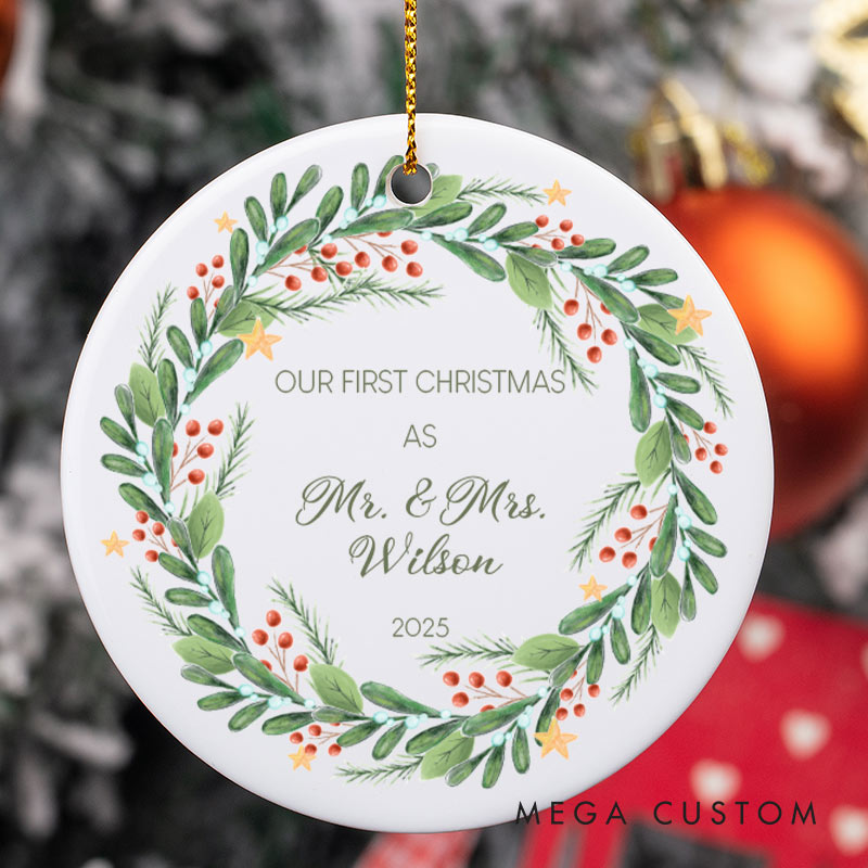 Personalized First Christmas as Mr and Mrs Ornament with Festive Wreath Couple Christmas Ornament for Husband Wife