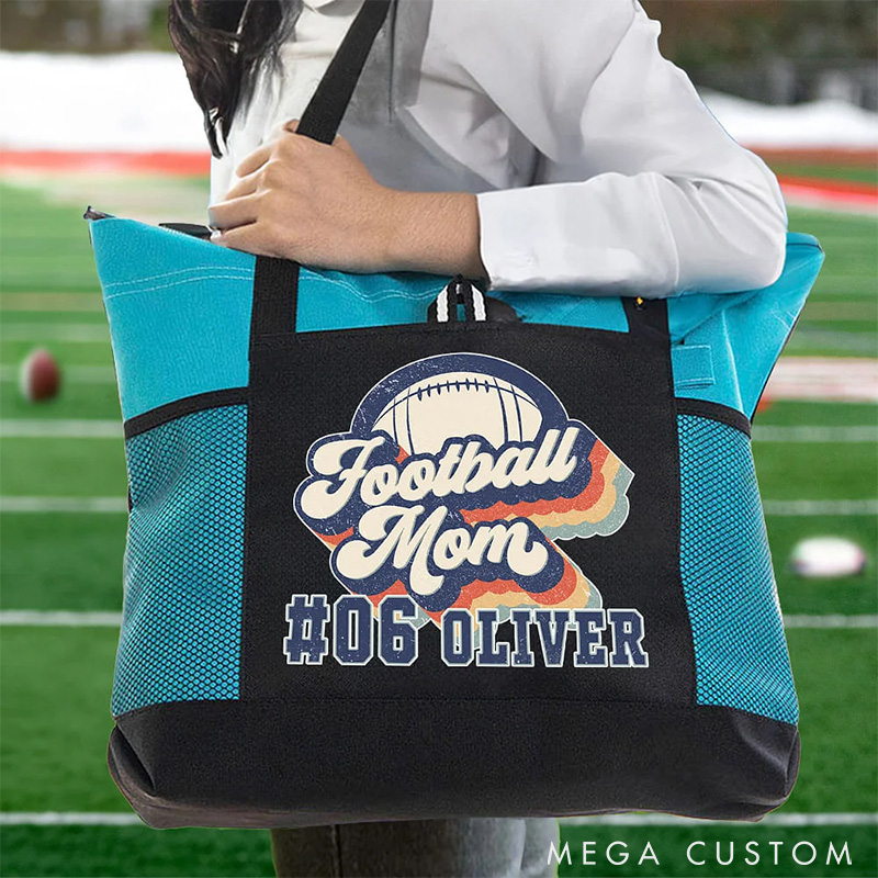 Personalized American Football Mom Tote Bag with Custom Name and Number
