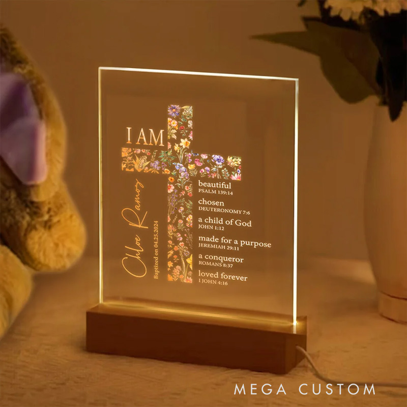 Personalized Floral Cross Bible Verse Name LED Night Light with Wood Base Religious Gift Baptism Gift for Girls