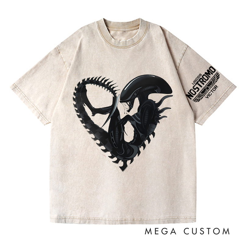Personalized the Alien Heart Washed T-Shirts Sci-fi Movie Horror Halloween Space Opera Tshirt for Movie TV Show Lovers