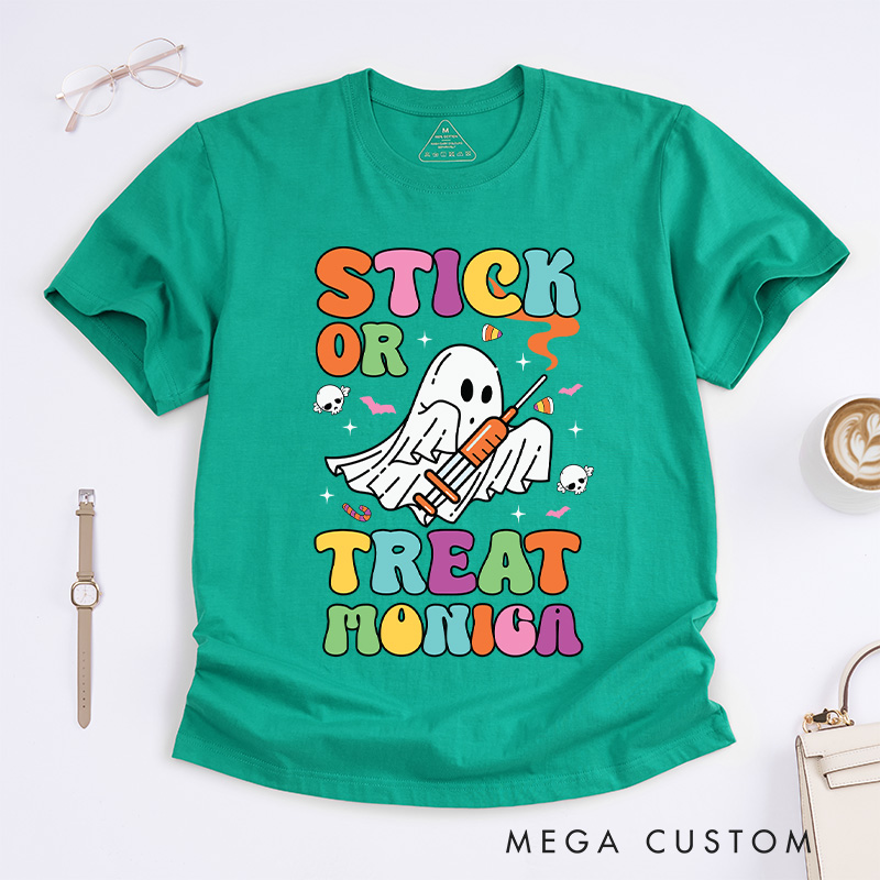 Personalized Nurse T-Shirts Stick or Treat Fashion Design T-Shirts Nurse Halloween Gifts