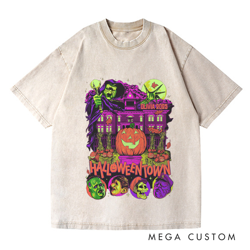 Personalized Retro Spooky Pumpkin Horror Movie Washed T-Shirts Horror Spooky Movies Tshirt Film Fan Shirt Halloween