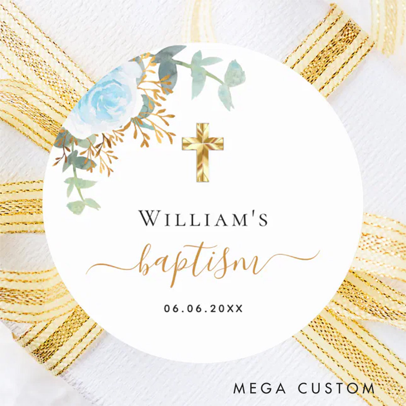 Personalized Eucalyptus Greenery Blue Floral Classic Round Sticker with Name and Date Religious Gift Baptism Gift