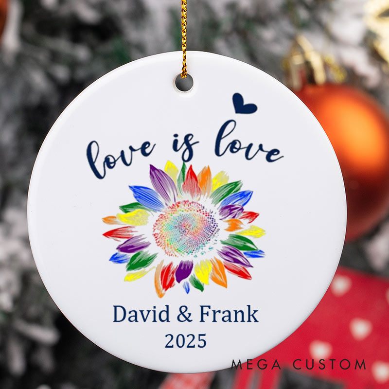 Personalized Love is Love Rainbow Sunflower Ornament LGBTQ Pride Ornament for Lesbian Gay LGBTQA+ Christmas Ornament