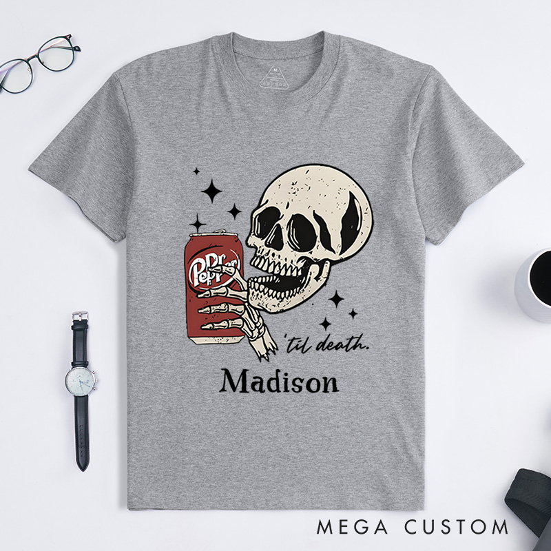 Personalized Skull and Drink Halloween T-Shirt Perfect for Adding a Playful and Spooky Vibe to Outfits T-Shirt