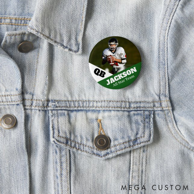 Personalized American Football Button Pin with Custom Name, Text and Photo