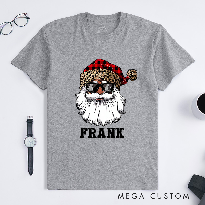 Personalized Santa with Plaid and Leopard Print Hat Christmas T-Shirt