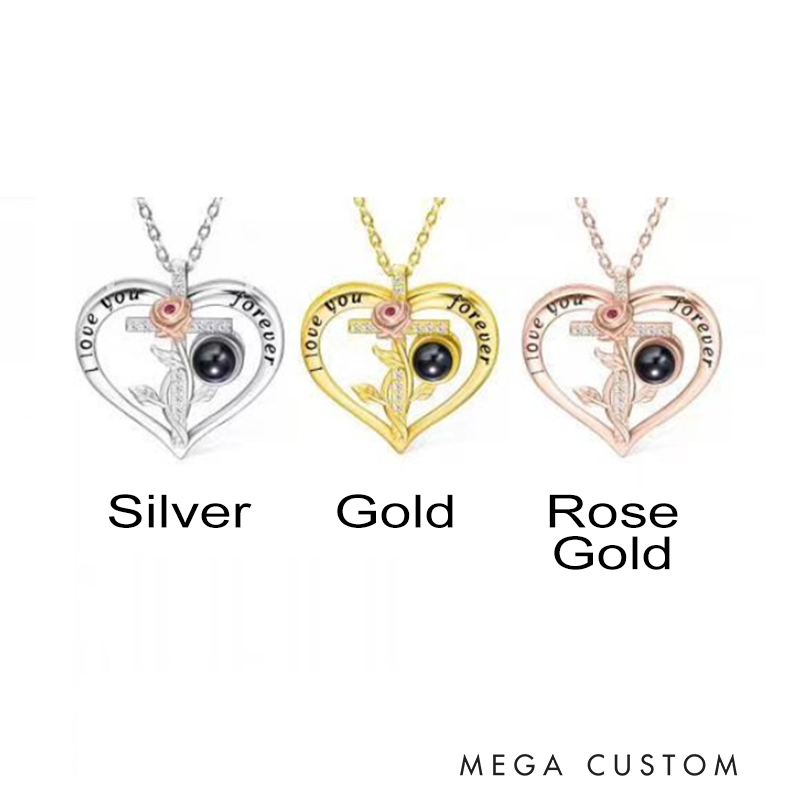 Personalized Rose Cross Heart-shaped Micro-Carved Photo Projection Necklace Birthday Anniversary Gift for Woman