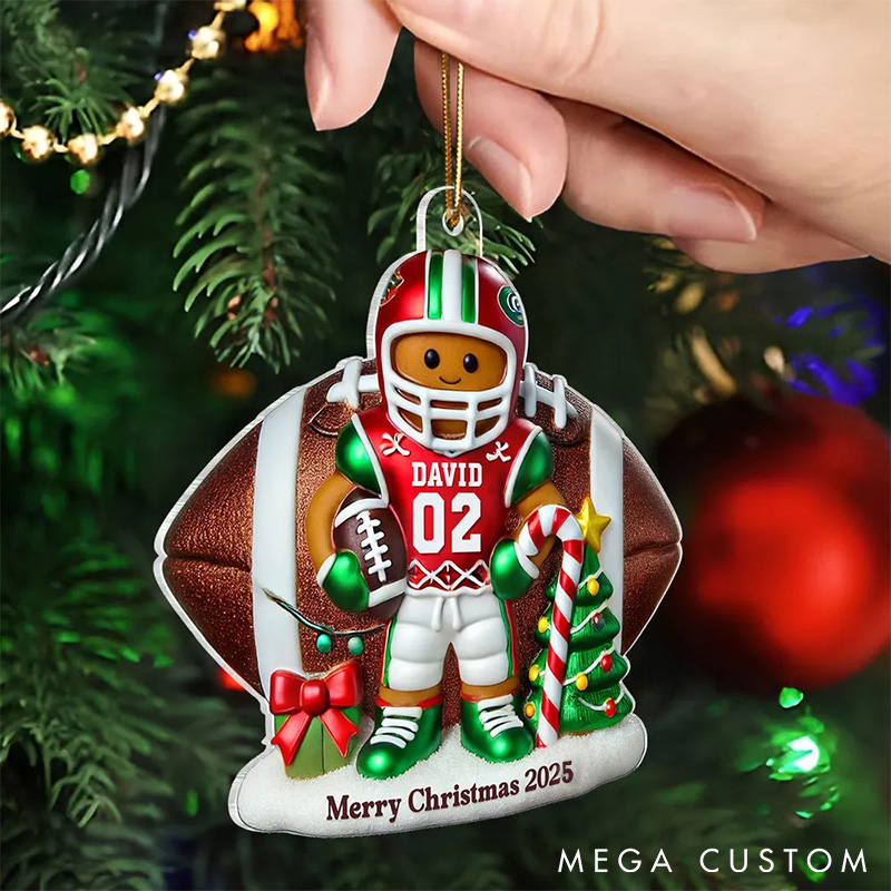 Personalized American Football Gingerbread Figure Acrylic Ornament with Custom Player Name and Number for Football Player 