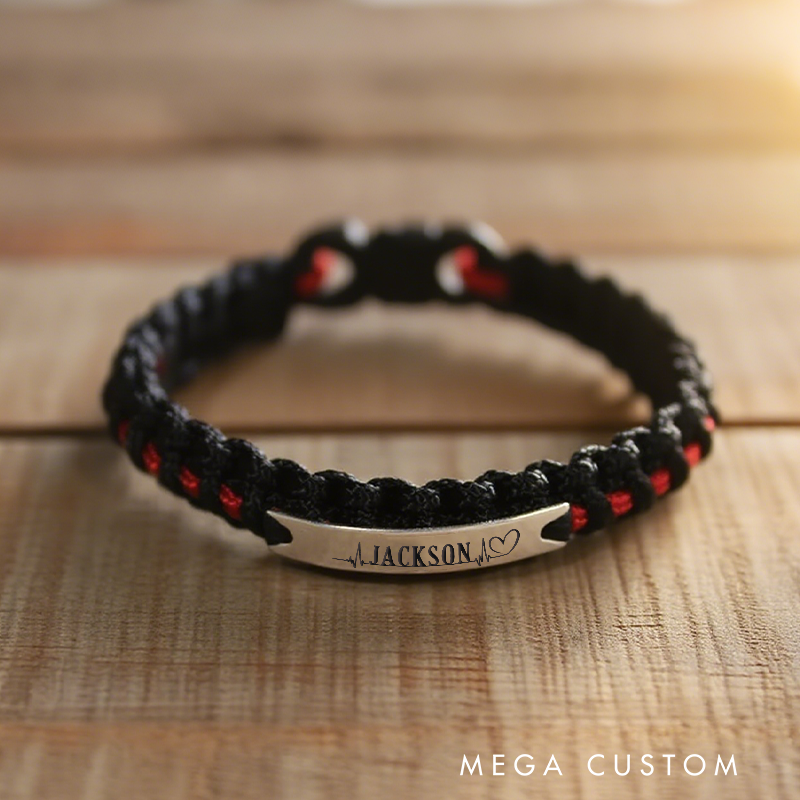 Personalized Thin Red Line Paracord Bracelet with Heartbeat Design Gift for Firefighters