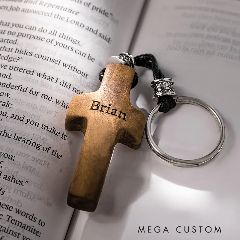Personalized Wooden Cross Heart Keychain with Initial and Name Engraving Religious Gift Birthday Gift for Christians