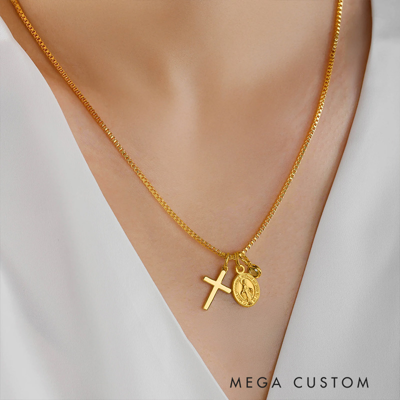 Personalized Virgin Mary Cross Necklace with Birthstone Dainty Jewelry Birthday Gift Religious Gift for Christian Women 