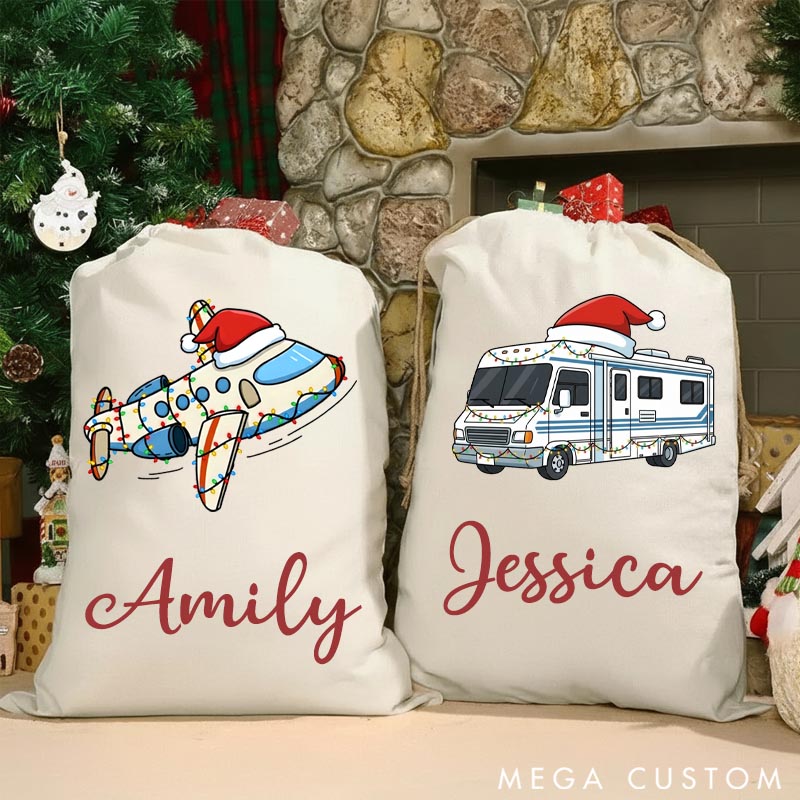 Personalized Travel Christmas Sack with Santa Hat Plane Gift for Travel Lovers and Custom Name