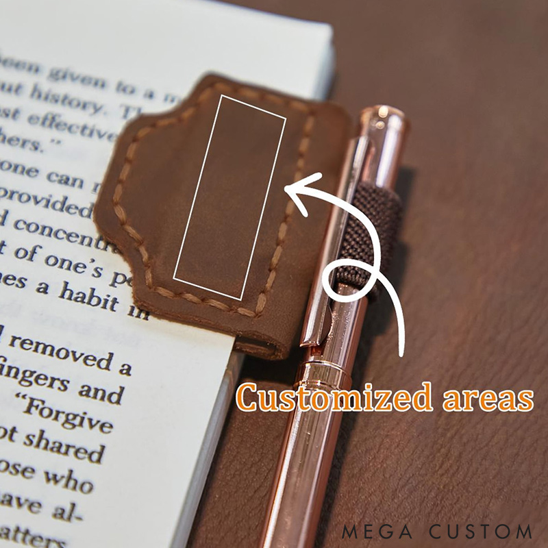 Personalized Logo Leather Book Mark with Pen Holder Engraved Magnetic Bookmark Leather Magnetic Pen Loop for Notebook Book Lover Gifts