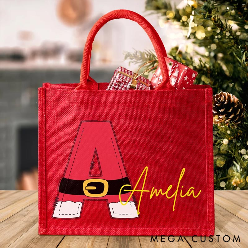 Personalized Red Hemp Gift Tote Bag Traveling Santa Reusable with Initials Printed Exclusively for Christmas Parties