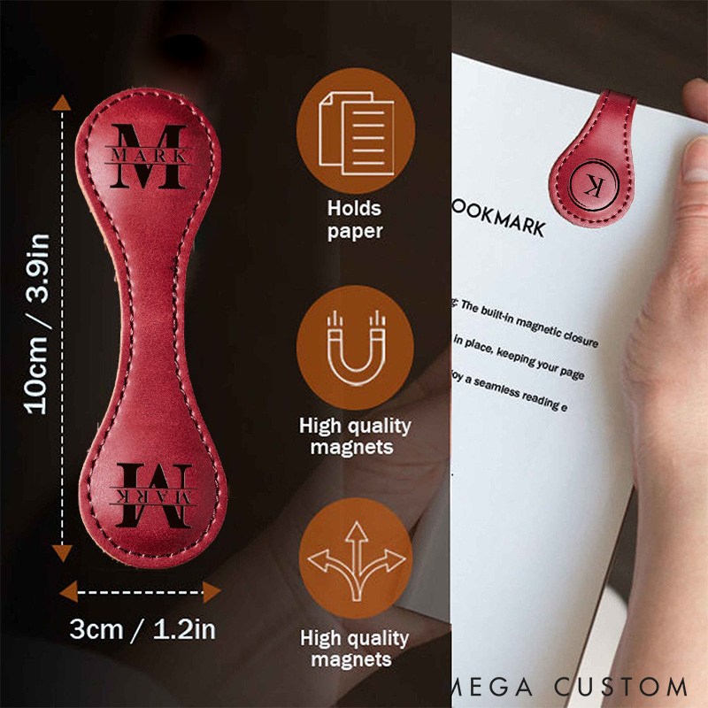 Personalized Engraved Magnetic Bookmark Custom Leather Magnet Book Clip Design with Name or Initials Unique Book Accessories for Book Lover