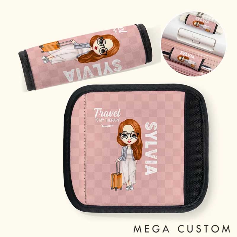 Personalized Travel Is My Therapy Cartoon Character Set of 2 Luggage Handle Wraps with Name and Contact Card Travel Accessories Gift for Travel Lovers
