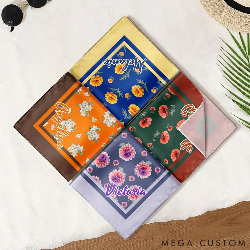 Personalized Vintage Birth Flower Soft Stain Square Scarf with Name Travel Party Accessory Birthday Gift for Women