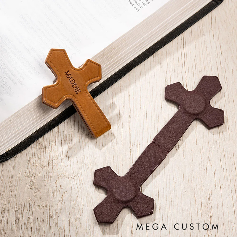 Personalized Engraved Name Cross PU Leather Magnetic Bookmark Clip Reading Accessory Religious Baptism Gift for Book Lover Christian