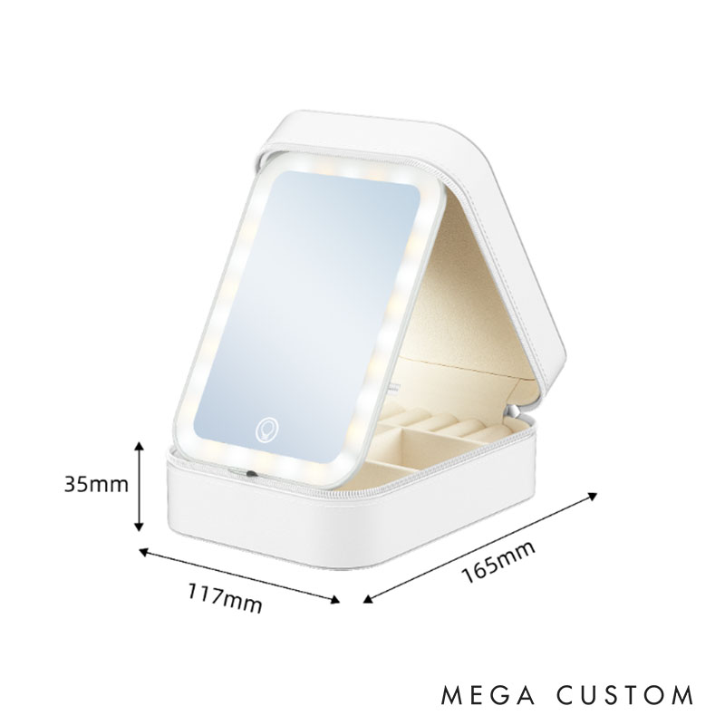 Personalized Cartoon Character Birth Flower Leather Jewelry Box with LED Three-color Makeup Mirror Travel Essential Birthday Gift for Women