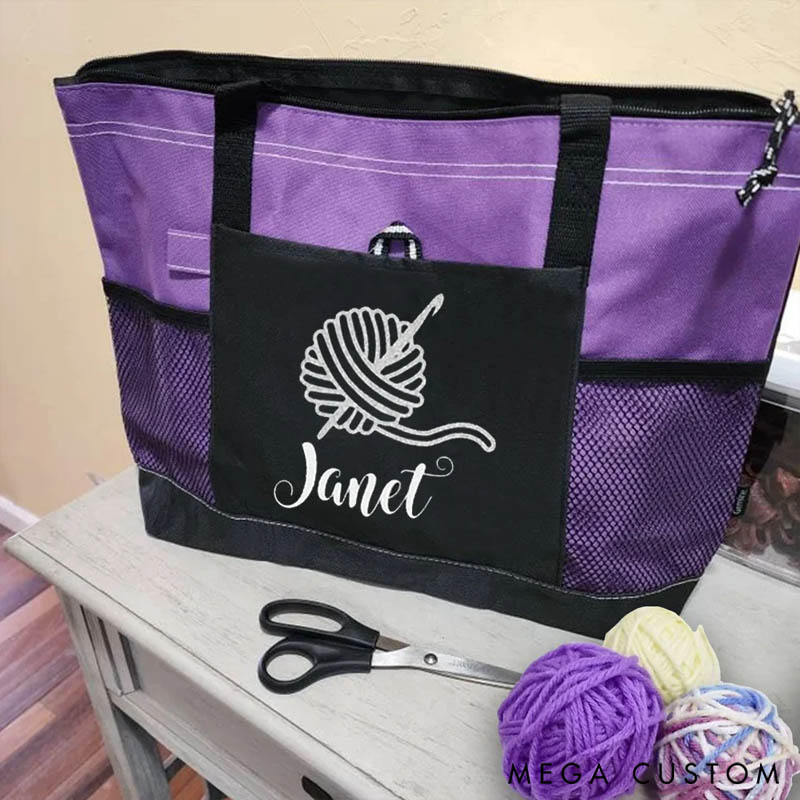 Personalized Knitted Design Large Mesh Tote Bag with Name Birthday Gift for Sewing Crocheting Lovers
