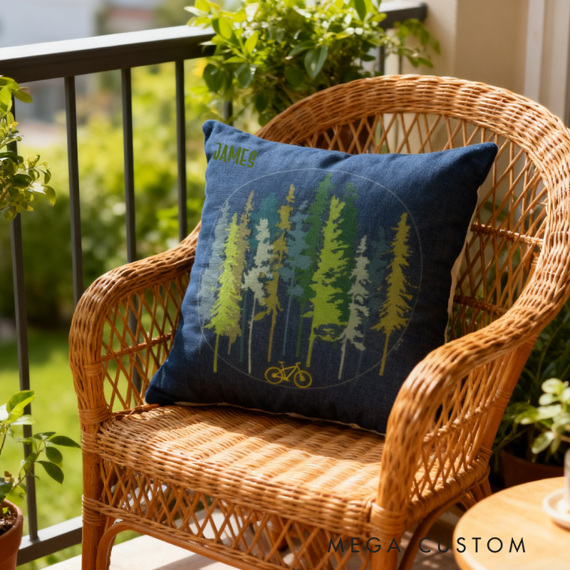 Personalized Pillow for Cycling Lovers Cushion Cover Mountain Bike Forest Stunted Fir Trees