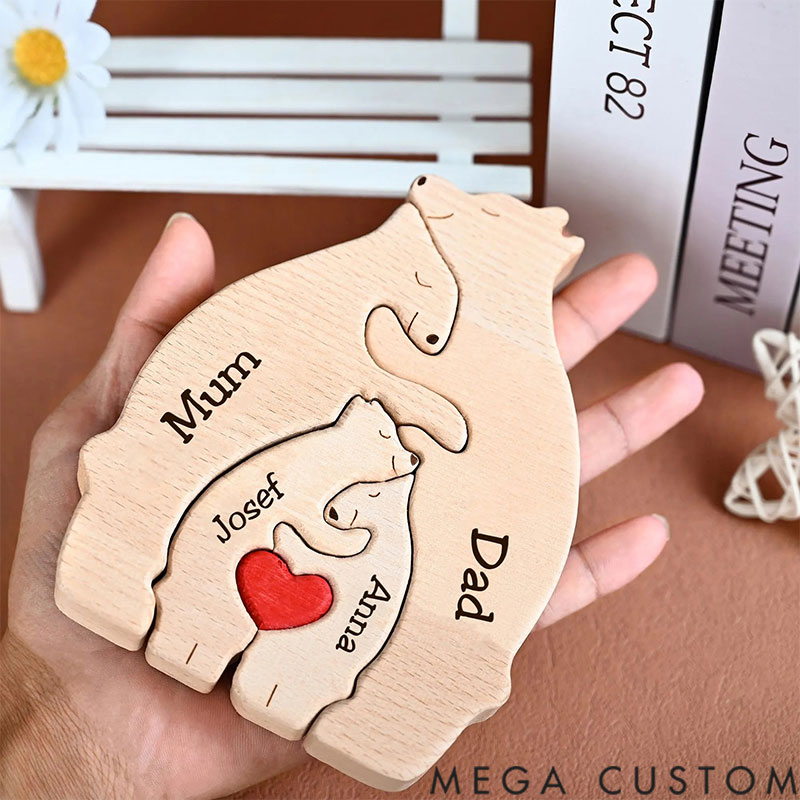 Personalized Carved Wooden Bear Family Jigsaw Puzzle, Wood Bear Figurines, Hugging Bear Family Keepsake Gift for Parents, Christmas Bear Decor