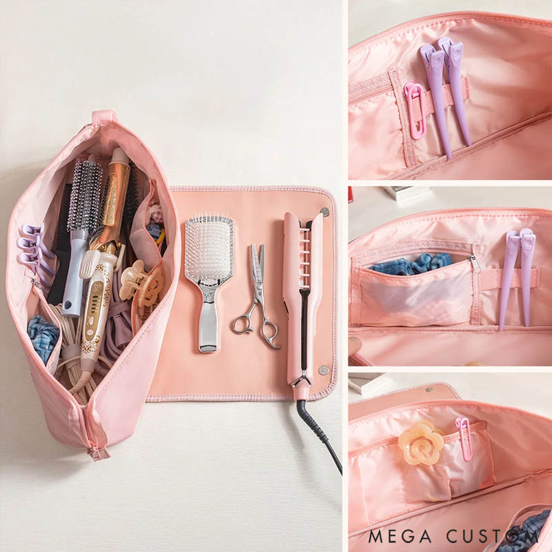 Personalized Stylish Birth Flower Hairdressing Element Portable Hair Tools Travel Bag with Name and Heat Resistant Mat Birthday Gift for Women