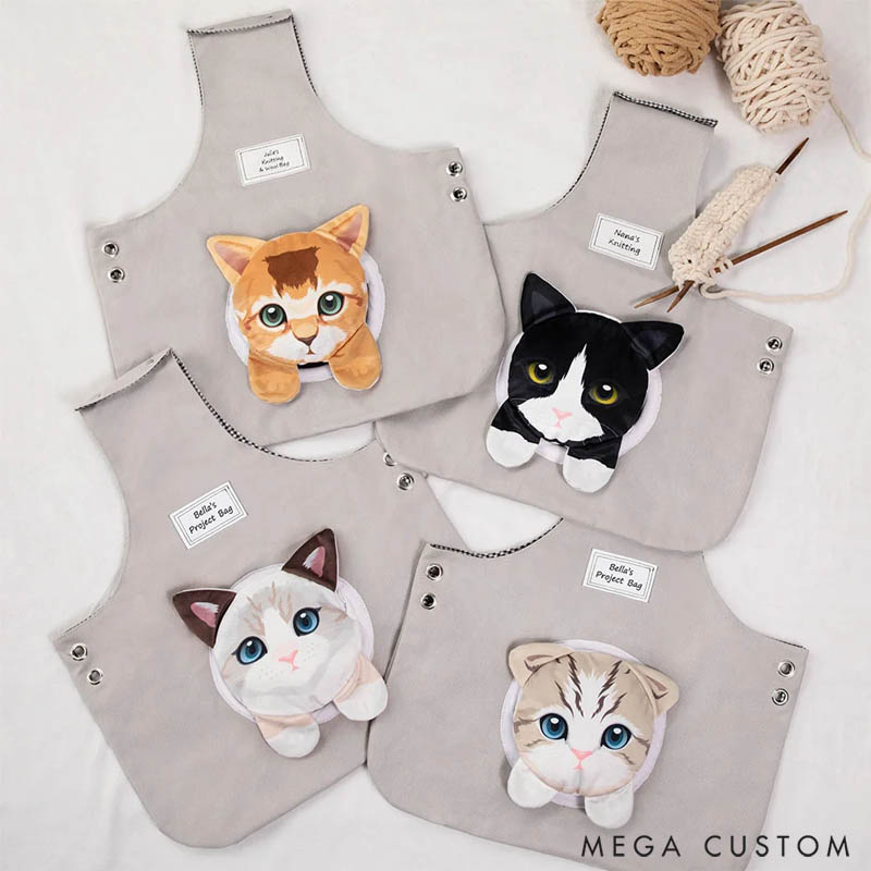 Personalized Canvas Crochet Woolen Organizer Storage Bag with Detachable Cute Cat Pocket Gift for Knitting Lover