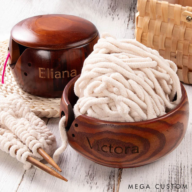 Personalized Handmade Wooden Crochet Knitting Yarn Bowl with Lid and Engraved Name Gift for Mom Grandma Craft Lovers