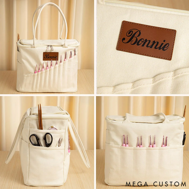 Personalized Monogram Large Canvas Yarn Storage Bag with Needle Pockets and Handle Crochet Knitting Accessories Birthday Gift for Craft Lovers