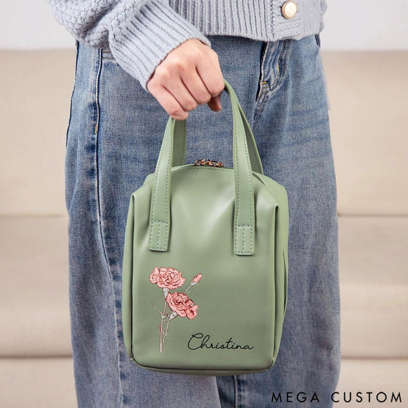 Personalized Birth Flower Name Portable PU Leather Makeup Bag with Handle and Multiple Compartments Travel Accessories Birthday Gift for Women Girls