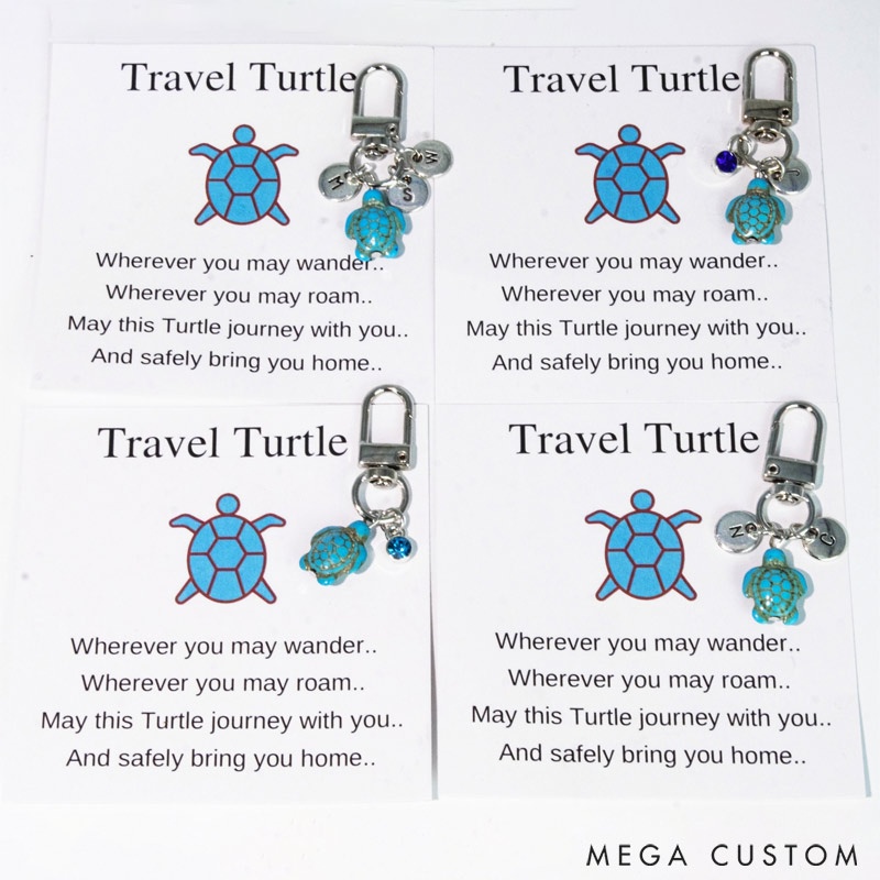 Personalized Travel Turtle Keychain with Birthstone Initials Travel Turtle Bag Charm Gift for Travel Lovers