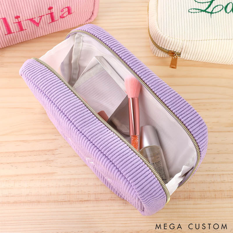 Personalized Multicolor Corduroy Travel Makeup Toiletry Bag with Embroidered Name Daily Use Gift for Women