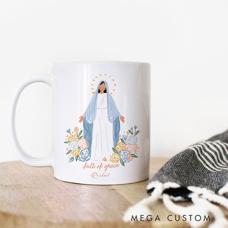 Personalized Full of Grace Virgin Mary Ceramic Mug with Floral Accents Catholic Religious Gift Birthday Gift for Women and Girls 