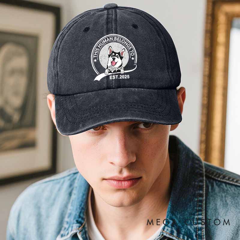 Personalized Dog Lover This Human Belongs to Me Washed Cap