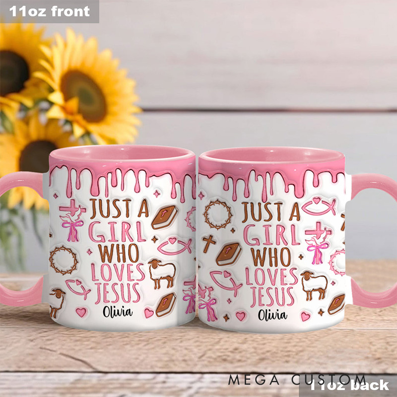 Personalized Just a Girl who Loves Jesus Ceramic Mug with Name Religious Inspirational Gift Birthday Gift for Girls
