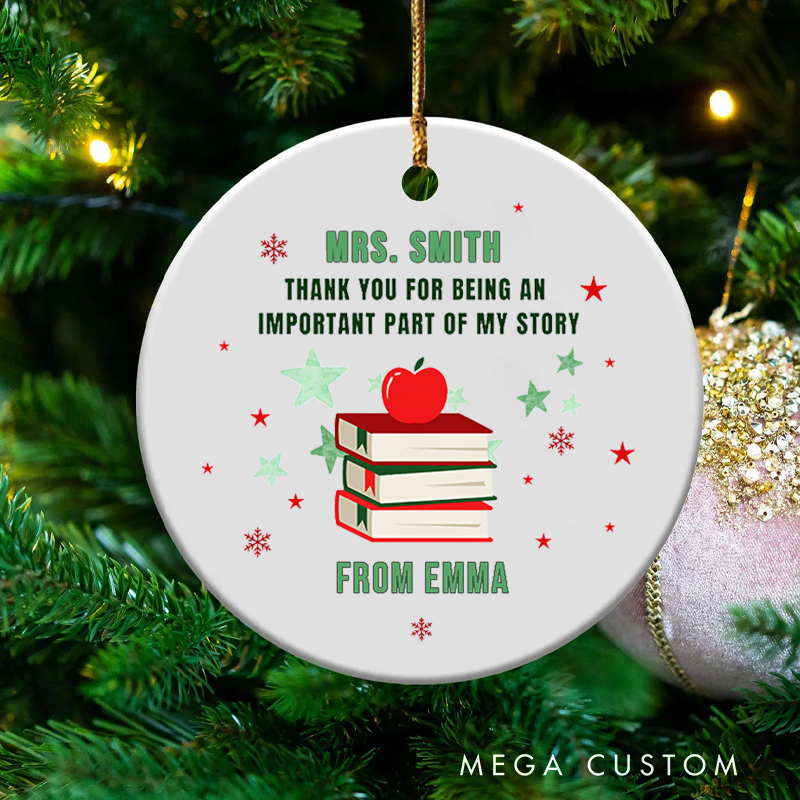Personalized Teacher Christmas Ornament Thank You for Being an Important Part of My Story Apple Book Teacher Appreciation Ornament Gift