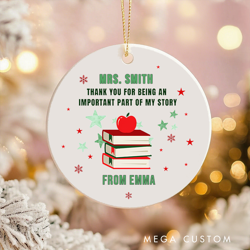 Personalized Teacher Christmas Ornament Thank You for Being an Important Part of My Story Apple Book Teacher Appreciation Ornament Gift