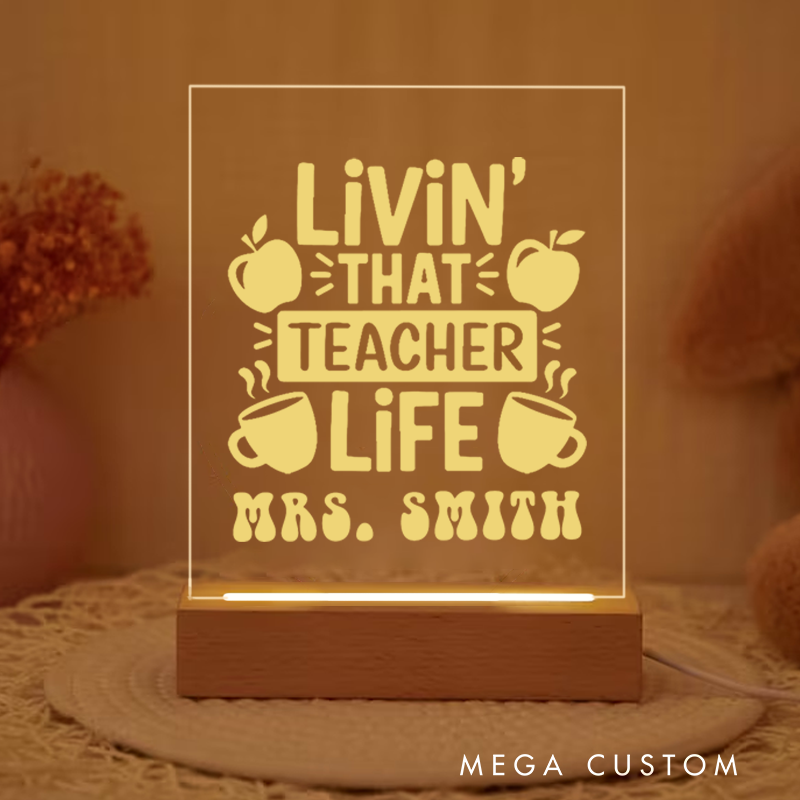 Personalized Teacher Night Light with Apple Coffee Teacher Life Design Custom LED Gift with Laser Engraved Acrylic Design and Wooden Base