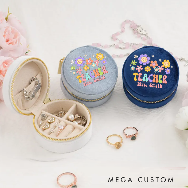 Personalized Velvet Jewelry Box for Teacher Cheerful Flowers and Teacher Round Jewelry Box Gift Teacher Appreciation Gift